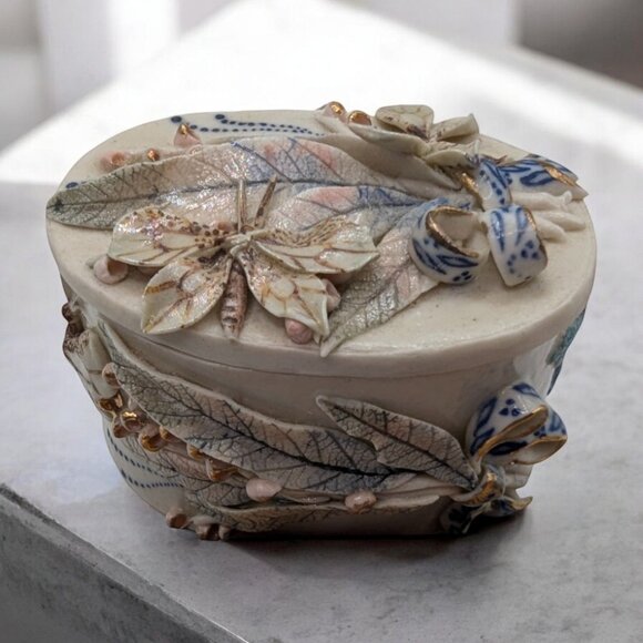 YWakoba Other - VTG Handcrafted Signed Ceramic Jewelry Trinket Box 3D Floral Leaf Butterfly Desi